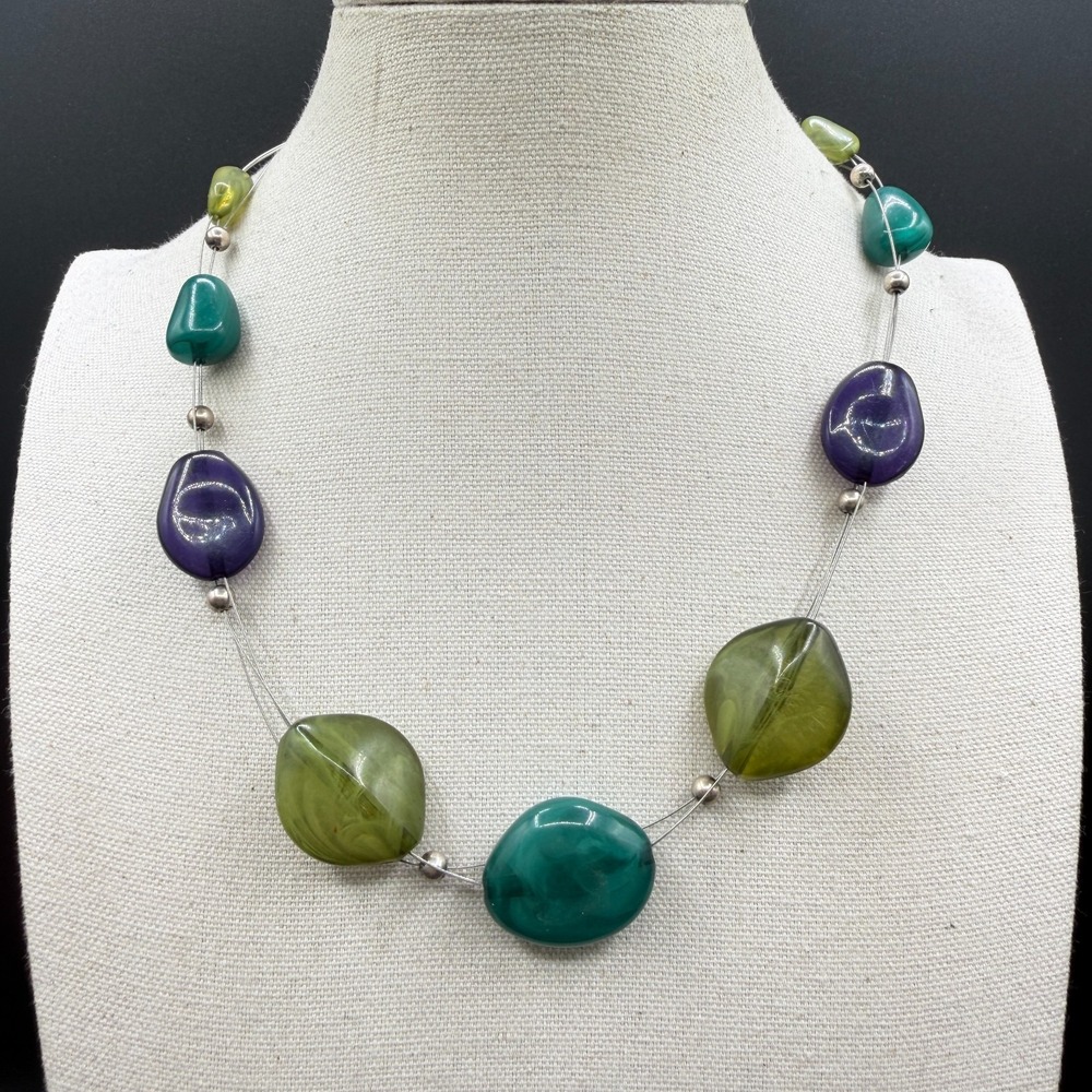 Green Purple Teal Beaded Necklace Chunky Silver Tone Boho Statement Y2K Festival